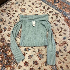 Hollister Sage Green Off-the-Shoulder Pointelle Sweater
